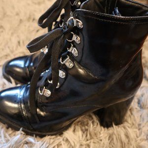 Black Vinyl Lace Up Heeled Platform Boots